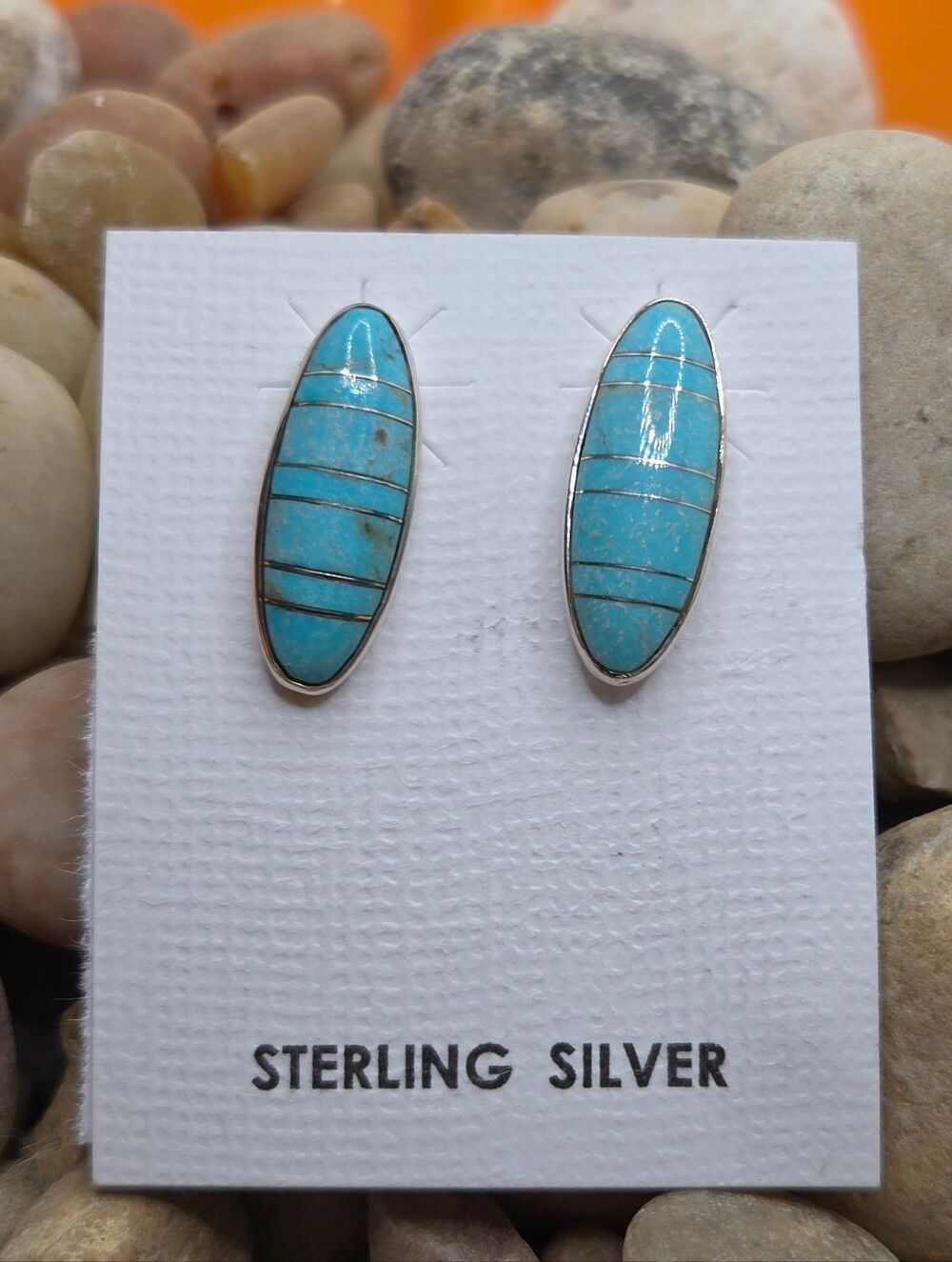 Sterling Silver Linear Turquoise Oval Stud Earrings Blue